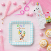 Schattige Een Gekke Goose Blue Gingham 1e Verjaard Papieren Bordje (Feest)