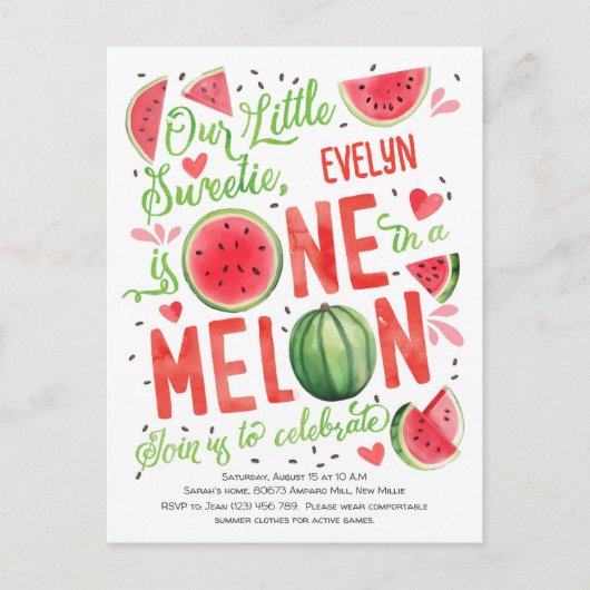 Schattige Een in een meloen, Baby Meisje Zomer 1e  Uitnodiging Briefkaart (Voorkant)