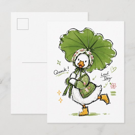 Schattige eend met bladparaplu & bloemenkroon  briefkaart (Voorkant / Achterkant)