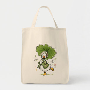 Schattige eend met bladparaplu & bloemenkroon tote bag
