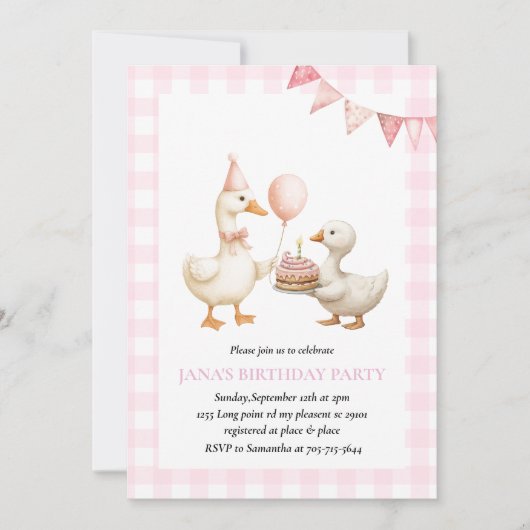 Schattige eendenverjaardagsfeestje | Pink Gingham  Kaart (Voorkant)