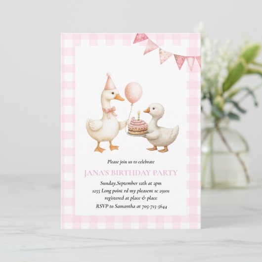 Schattige eendenverjaardagsfeestje | Pink Gingham  Kaart (Staand voorkant)