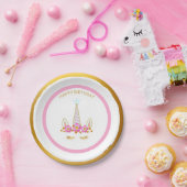 Schattige Eenhoorn, Bloemen en Gouden Confetti Papieren Bordje (Feest)