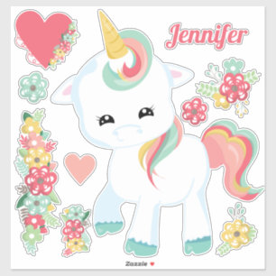 Schattige Eenhoorn Bloemen Hartjes Meisjesachtig Sticker