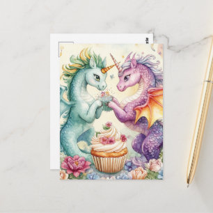 Schattige Eenhoorn Draken Met Cupcake en Bloemen Briefkaart