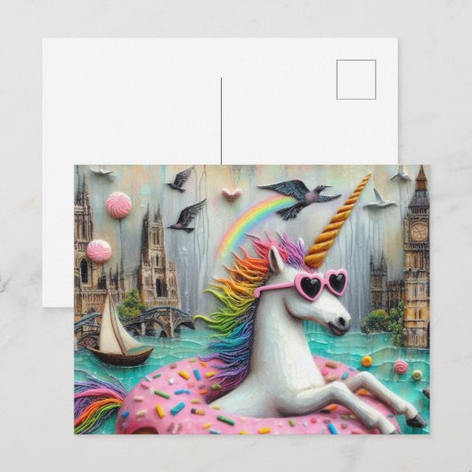 Schattige Eenhoorn drijvend op een Doughnut City R Briefkaart (Voorkant / Achterkant)