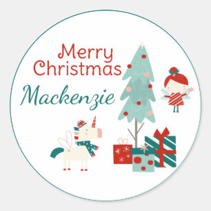 Schattige Eenhoorn en Fee Kerstmis Naam op Maat Ronde Sticker
