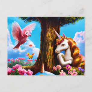 Schattige eenhoorn en roze vogel fantasie Kinder k Briefkaart