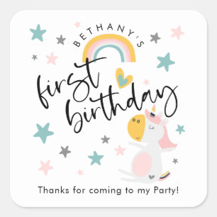 Schattige eenhoorn meisje 1e verjaardag dank u vierkante sticker