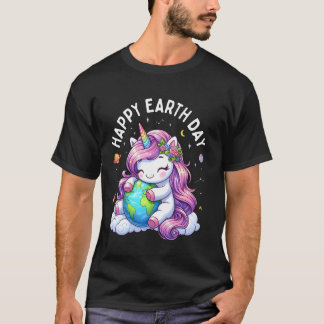 Schattige Eenhoorn Omhelst Planeet Aarde Gelukkige T-shirt