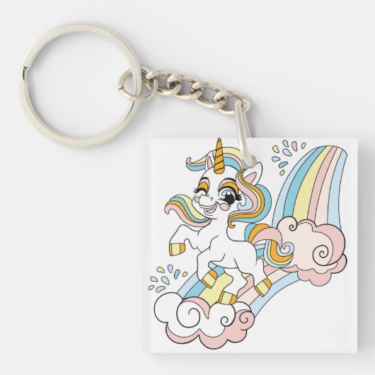 Schattige eenhoorn op een regenboog sleutelhanger (voorkant)