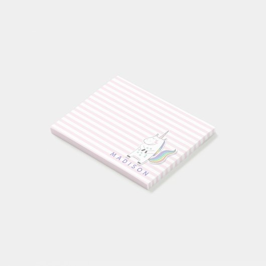Schattige Eenhoorn - Persoonlijke Roze Gestreepte  Post-it® Notes (Schuin)