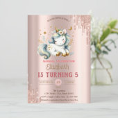 Schattige Eenhoorn, Roos Gouden Drips Verjaardag Kaart (Staand voorkant)