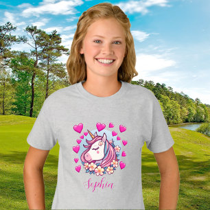 Schattige Eenhoorn, Roze Harten & Bloemen, Aangepa T-shirt