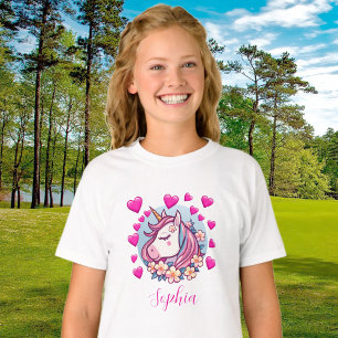 Schattige Eenhoorn, Roze Harten & Bloemen, Aangepa T-shirt