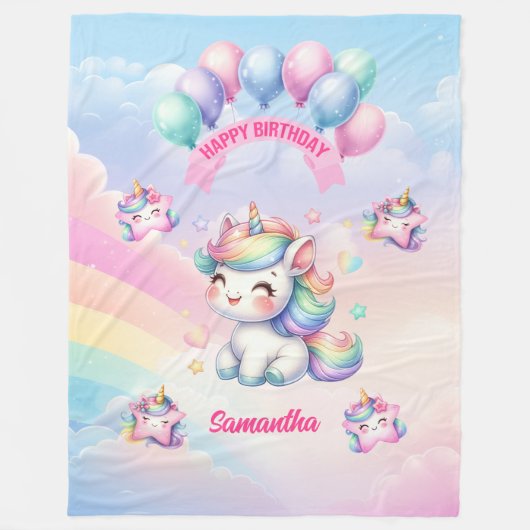 Schattige Eenhoorndeken Roze Paarse 1e Verjaardag Fleece Deken (Voorkant)
