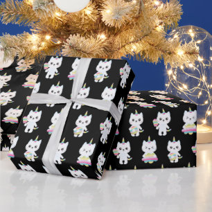 Schattige Eenhoornkatten Zwarte Patronen Cadeaupapier