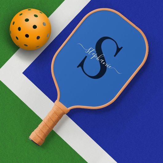 Schattige Eenvoudig Blauw Monogram Initiaal + Naam Pickleball Paddle