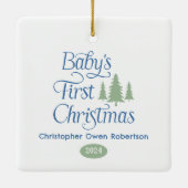 Schattige Eenvoudig Blauw Wit Baby's 1st Christmas Keramisch Ornament (Achterkant)
