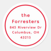 Schattige eenvoudig rood lijst kerstretouradres ronde sticker (Voorkant)