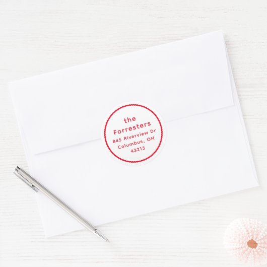 Schattige eenvoudig rood lijst kerstretouradres ronde sticker (Envelop)