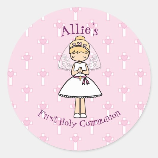 Schattige eerste heilige communie klein blond meis ronde sticker (Voorkant)