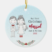 Schattige eerste kerst getrouwd bruid en bruidegom keramisch ornament (Voorkant)