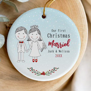 Schattige eerste kerst getrouwd bruid en bruidegom keramisch ornament