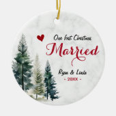 Schattige eerste kerst getrouwd rood hart keramisch ornament (Voorkant)