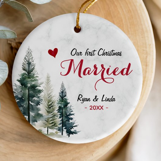 Schattige eerste kerst getrouwd rood hart keramisch ornament