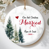 Schattige eerste kerst getrouwd rood hart keramisch ornament