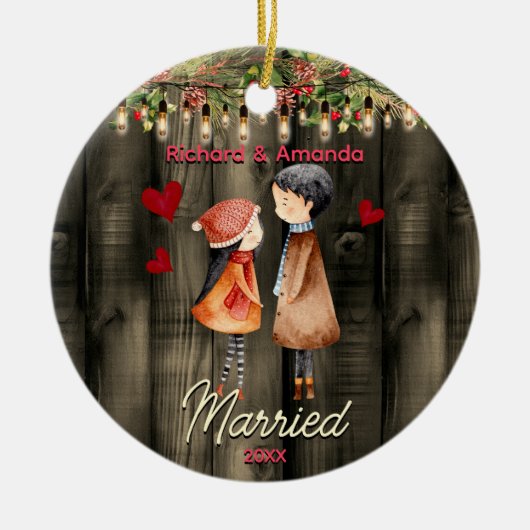 Schattige eerste kerst getrouwd schattig paar keramisch ornament (Voorkant)