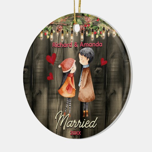 Schattige eerste kerst getrouwd schattig paar keramisch ornament (Links)