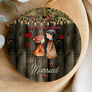 Schattige eerste kerst getrouwd schattig paar keramisch ornament