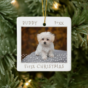 Schattige eerste kerst hond huisdier foto sterren keramisch ornament