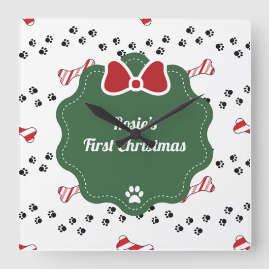 Schattige Eerste Kerstmis Hondenliefhebber Modern Vierkante Klok (Voorkant)