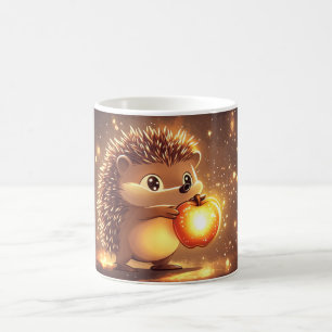 schattige egel die een gloeiende rode appel vastho koffiemok