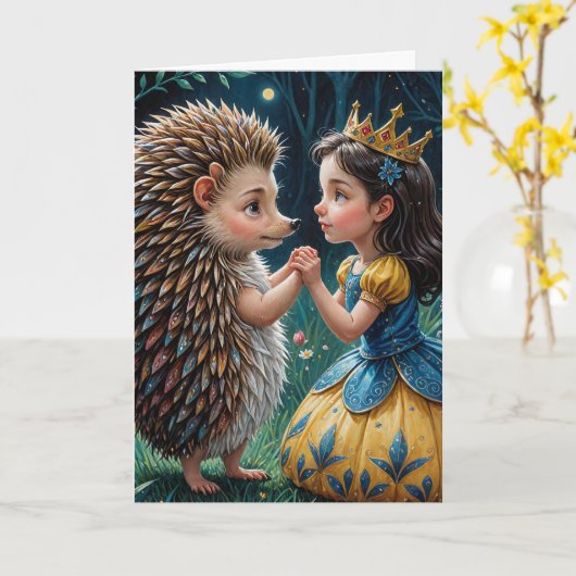 Schattige egel en prinses kind sprookje kaart (Gele Bloem)