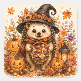 Schattige Egel Heks Halloween Pompoenen Herfst Vierkante Sticker