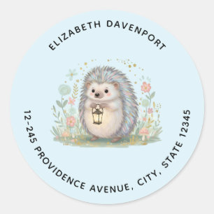 Schattige egel met lantaarn blauwe achtergrond adr ronde sticker