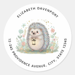 Schattige egel met lantaarnadres ronde sticker