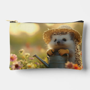 Schattige egel tuinman in een bloemenveld etui