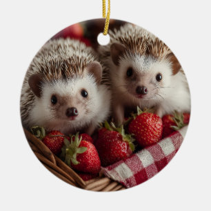 Schattige egels die uit een aardbezenmand kijken keramisch ornament