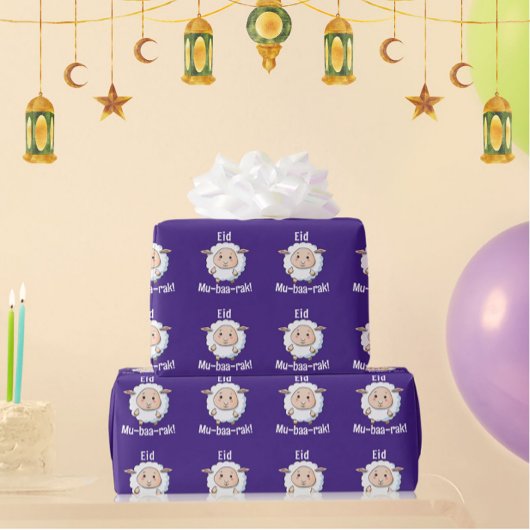 Schattige "Eid Mubarak" Sheep Funny Kinderen Paars Cadeaupapier