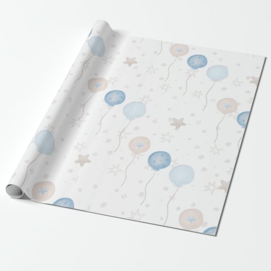 Schattige Elegant Blauw Ivoor Ballons Jongen Baby Cadeaupapier (Uitgerold)