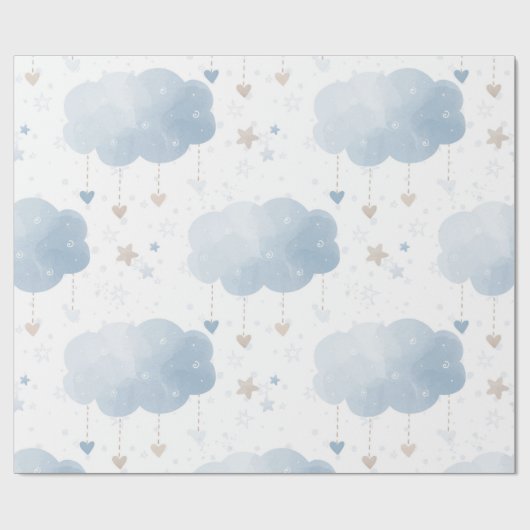 Schattige Elegant Blauw Ivoor Wolken Sterren Jonge Cadeaupapier (Vlak)