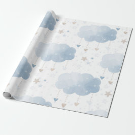 Schattige Elegant Blauw Ivoor Wolken Sterren Jonge Cadeaupapier