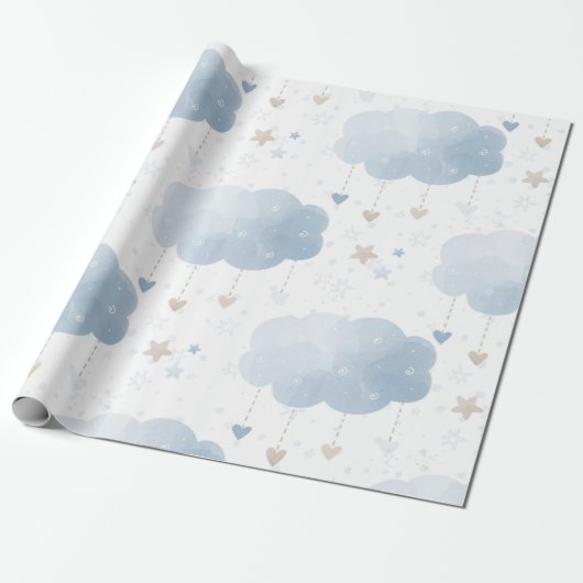 Schattige Elegant Blauw Ivoor Wolken Sterren Jonge Cadeaupapier (Uitgerold)