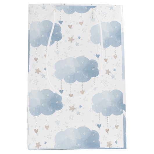 Schattige Elegant Blauw Ivoor Wolken Sterren Jonge Medium Cadeauzakje (Voorkant)