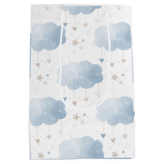 Schattige Elegant Blauw Ivoor Wolken Sterren Jonge Medium Cadeauzakje (Achterkant)
